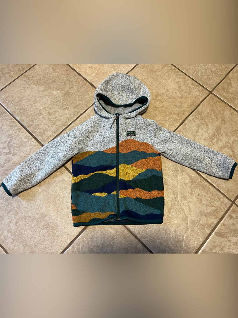 L.L. Bean Kids Hooded Fleece Jacket - Heather Gray with Multicolor Wave Panel